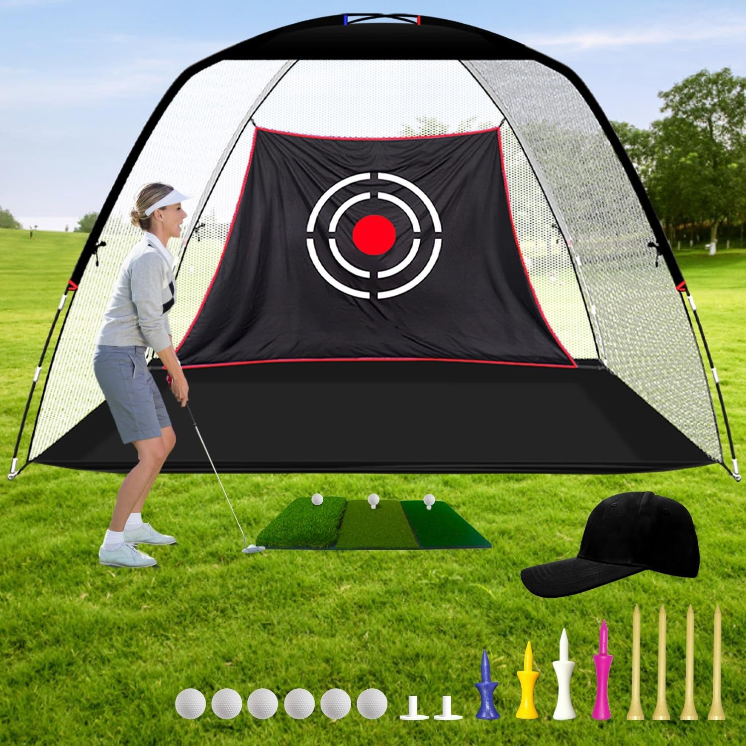Golf Hitting Practice Nets for Backyard Driving Heavy Duty Men Real Indoor Golf Balls Hitting Pitching Driving Nets for Indoor Outdoor Garage Use Golfing Swing Training Impact Cages with Frame and Net